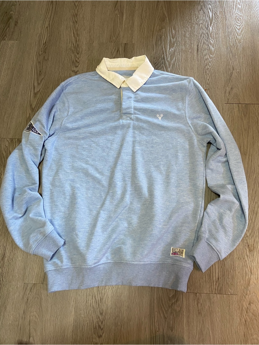 Scott Ellis Light Blue Rugby Long-Sleeve Polo Sweatshirt with White Collar